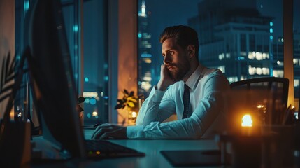 Poster - A businessman working late in the office, illuminated by the glow of his computer screen.