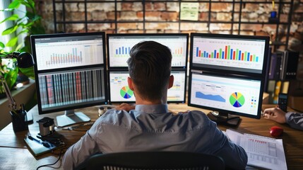 Poster - A businessman working on financial reports, with spreadsheets open on multiple screens.