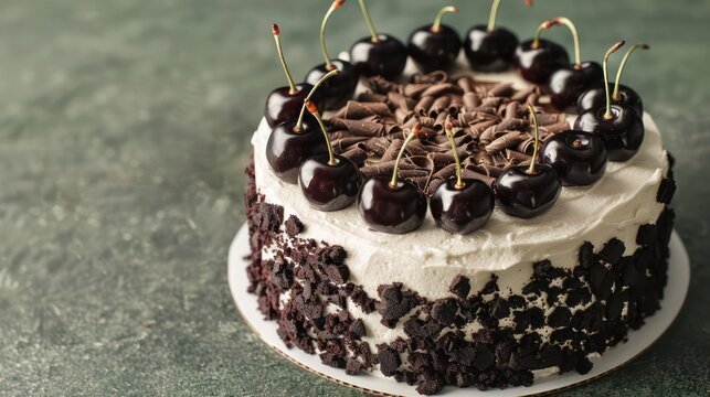 sophisticated black forest cake with dark cherries and chocolate shavings on a deep forest green background, luxurious and perfect for elegant gatherings