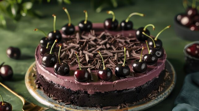 sophisticated black forest cake with dark cherries and chocolate shavings on a deep forest green background, luxurious and perfect for elegant gatherings