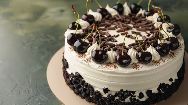 sophisticated black forest cake with dark cherries and chocolate shavings on a deep green background, luxurious for elegant text