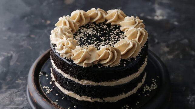 sophisticated black sesame cake with white sesame frosting on a dark charcoal background, perfect for modern text