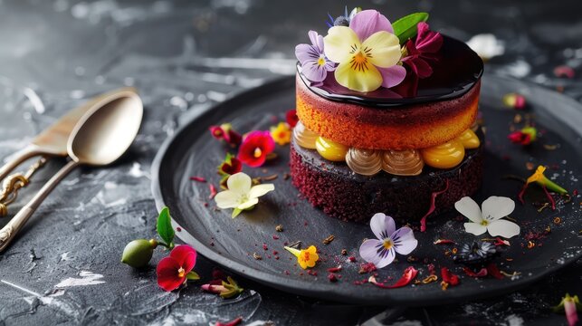 sophisticated black tea and bergamot cake with edible flowers on a dark grey background, luxurious for elegant text