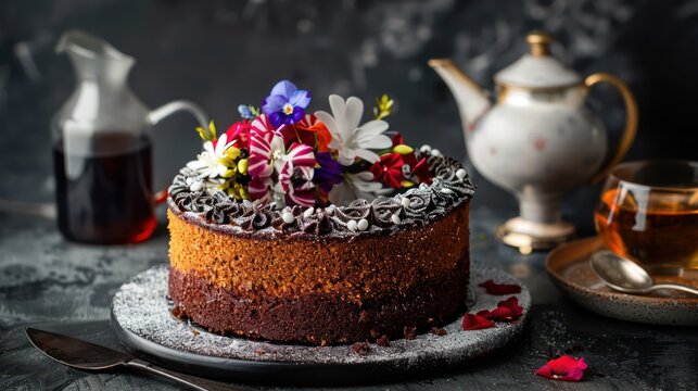 sophisticated black tea and bergamot cake with edible flowers on a dark grey background, luxurious for elegant text