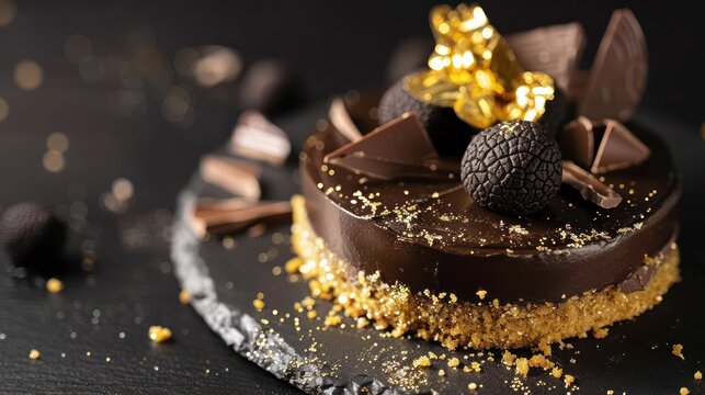 sophisticated black truffle and chocolate cake with gold flakes on a deep black background, luxurious for gourmet text