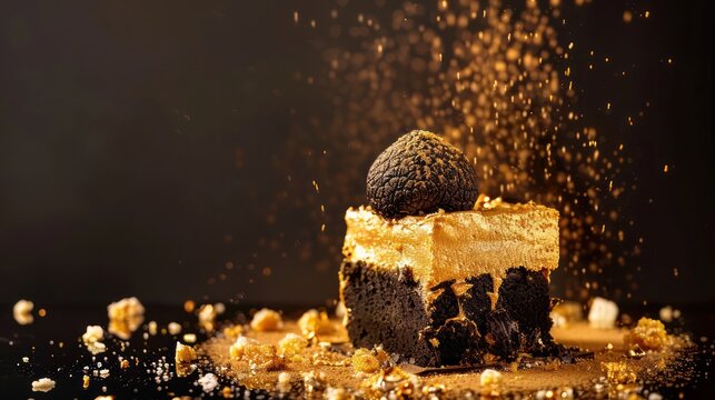 sophisticated black truffle and gold cake with gold dust on a black background, luxurious for upscale text