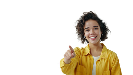 Wall Mural - Woman smiling and pointing at copy space on side,isolated on white background,web banner.