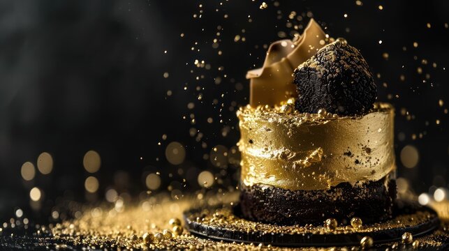 sophisticated black truffle and gold cake with gold dust on a black background, luxurious for upscale text