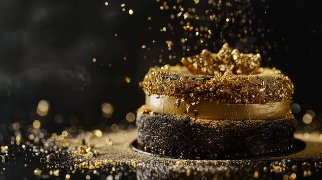 sophisticated black truffle and gold cake with gold dust on a black background, luxurious for upscale text