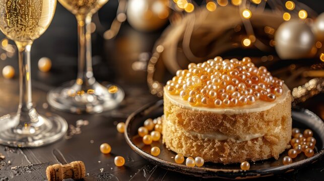 sophisticated champagne and caviar cake with edible pearls on a deep champagne background, luxurious for elegant text