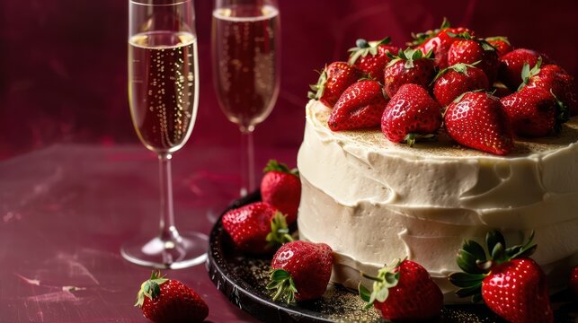 sophisticated champagne and strawberries cake with edible gold on a deep red background, luxurious for elegant text