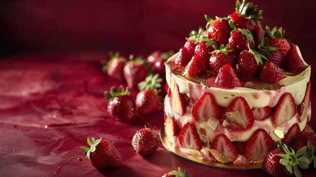 sophisticated champagne and strawberries cake with gold leaf and fresh strawberries on a deep red background, luxurious for romantic events