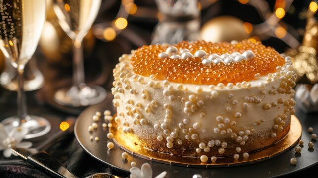 sophisticated champagne and caviar cake with edible pearls on a deep champagne background, luxurious for elegant text