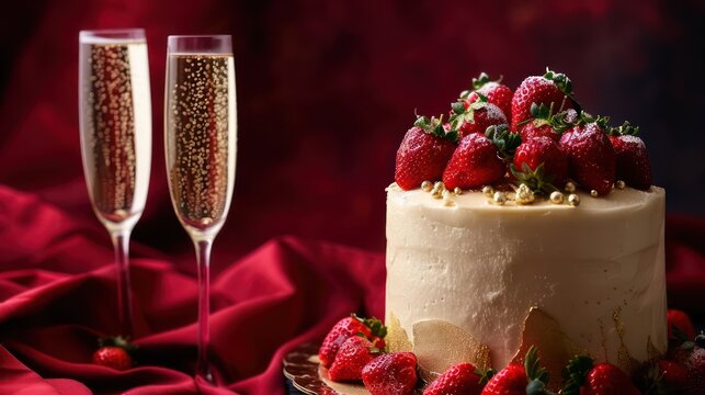sophisticated champagne and strawberries cake with edible gold on a deep red background, luxurious for elegant text