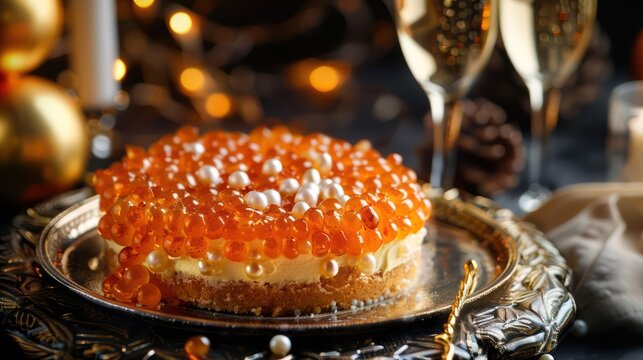 sophisticated champagne and caviar cake with edible pearls on a deep champagne background, luxurious for upscale events