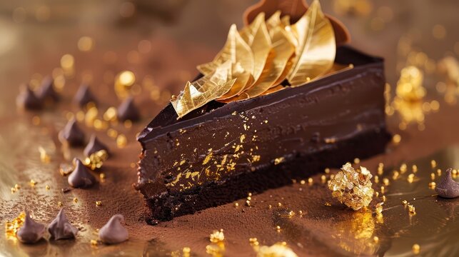 sophisticated chocolate and gold leaf cake on a deep gold background, luxurious and perfect for upscale text