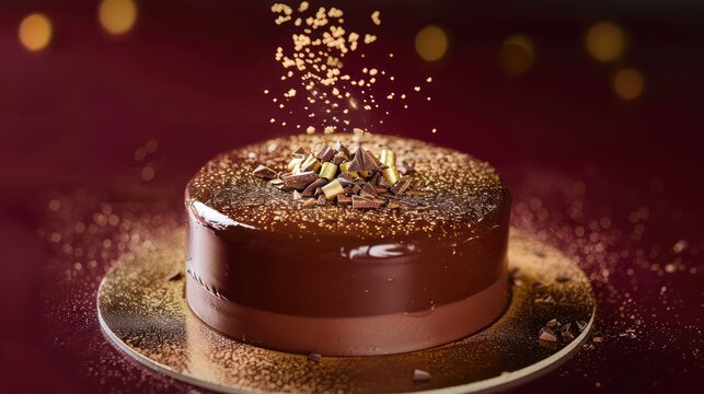 sophisticated chocolate ganache cake with a shimmering gold dust on a deep burgundy background, luxurious for elegant text