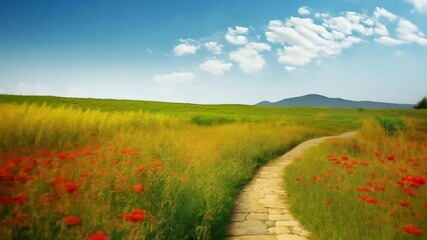 Wall Mural - Yellow brick road through green meadows with red poppy flowers, fantasy summer outdoor horizontal background. 