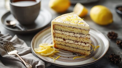 Aufkleber - sophisticated Earl Grey tea cake with lemon zest on a dove gray background, elegant and perfect for subtle text