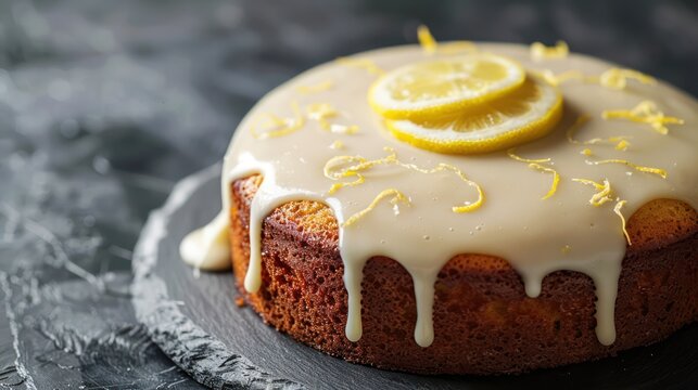 sophisticated Earl Grey cake with lemon icing on a slate grey background, perfect for refined text