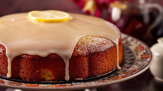 sophisticated Earl Grey cake with lemon icing, set against a rich plum backdrop, ideal for tea lovers