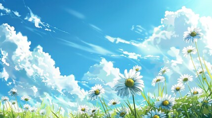 Poster - A field of daisies under a bright blue sky, with fluffy white clouds.