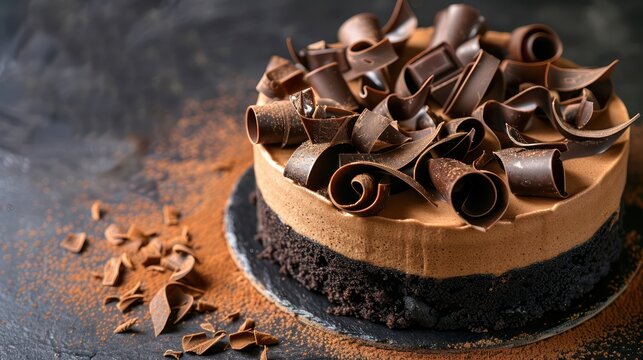 sophisticated espresso cake with dark chocolate curls on a deep espresso background, chic and perfect for coffee enthusiasts