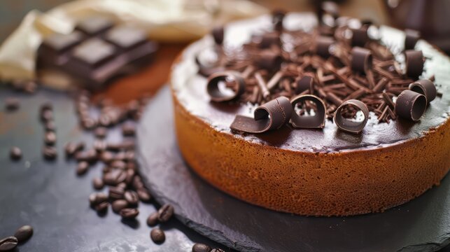 sophisticated espresso cake with dark chocolate curls on a deep espresso background, chic and perfect for coffee enthusiasts