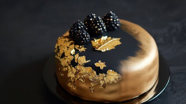 sophisticated gold and black cake with gold leaf and black fondant on a deep black background, luxurious for glamorous events