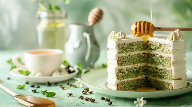 sophisticated green tea and honey cake on a pastel green background, refined and perfect for calming text