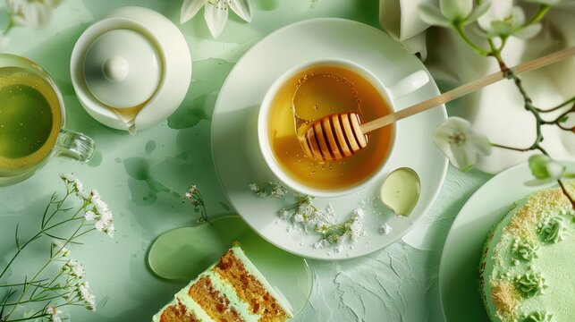 sophisticated green tea and honey cake on a pastel green background, refined and perfect for calming text