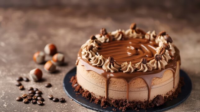 sophisticated mocha and hazelnut cake with rich coffee icing on a deep brown background, luxurious and ideal for coffee lovers