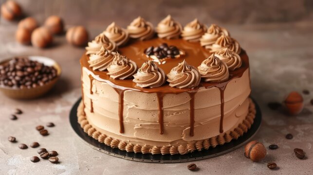 sophisticated mocha and hazelnut cake with rich coffee icing on a deep brown background, luxurious and ideal for coffee lovers