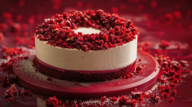 sophisticated red velvet and cream cheese cake with red velvet crumbs on a deep red background, luxurious for elegant text