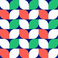 Wall Mural - Seamless pattern with colorful leaves isolated on blue.Geometric repeat pattern in green red white.Vector graphic illustration.Background for Christmas.