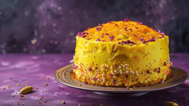 sophisticated Saffron and cardamom cake on a royal purple background, exotic and inviting for text