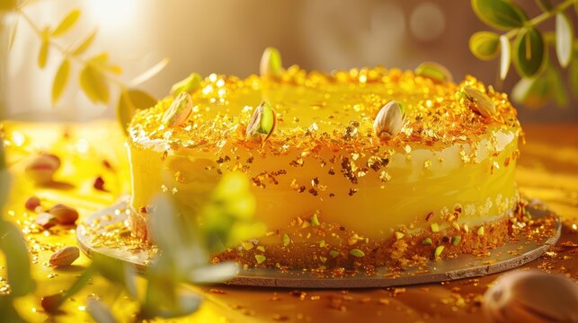 sophisticated saffron and pistachio cake with golden flakes on a warm saffron background, ideal for elegant text