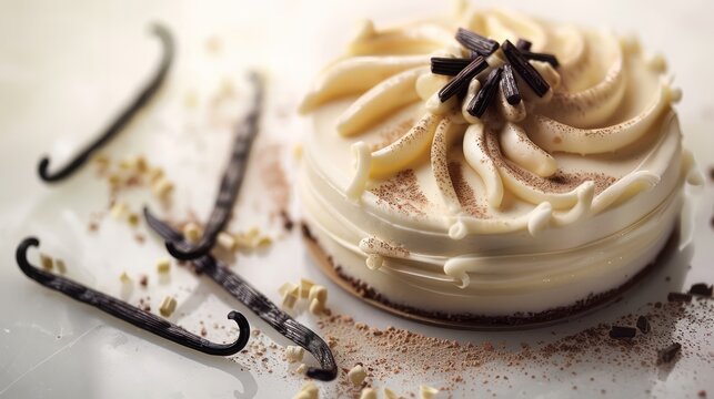 sophisticated vanilla bean and white chocolate cake with vanilla pods on a soft white background, elegant and perfect for refined text