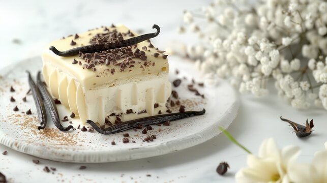 sophisticated vanilla bean and white chocolate cake with vanilla pods on a soft white background, elegant and perfect for refined text
