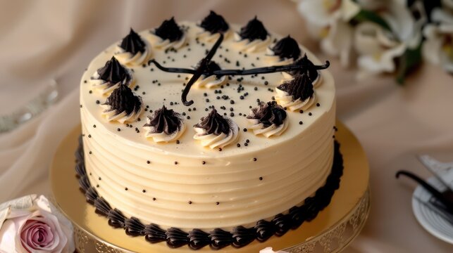 sophisticated vanilla bean cake with black vanilla specks on a soft cream background, elegant and perfect for refined gatherings