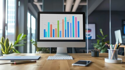 Poster - Colorful bar graph on a computer screen in a modern office setting