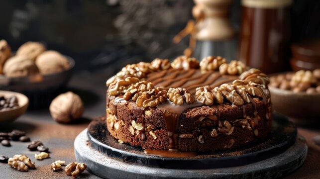 sophisticated walnut and coffee cake with espresso drizzle on a deep mocha background, perfect for coffee lovers' text