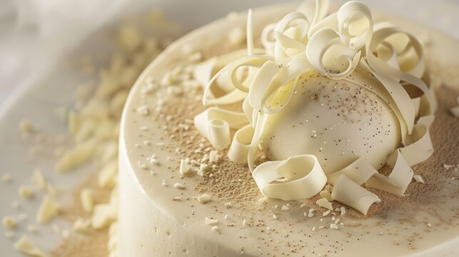 sophisticated white truffle and vanilla cake with white chocolate curls on an ivory background, luxurious for elegant events