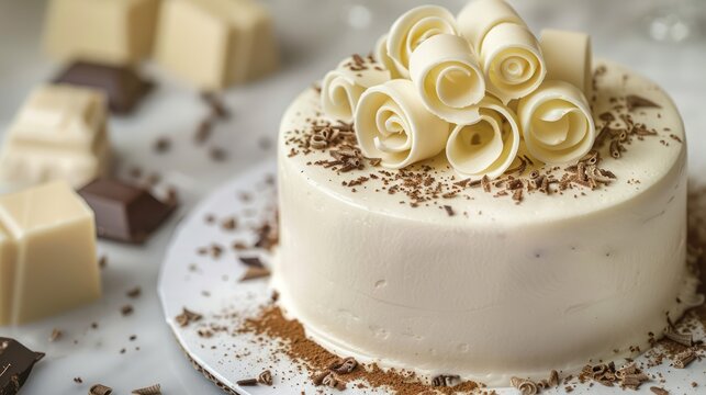 sophisticated white truffle and vanilla cake with white chocolate curls on an ivory background, luxurious for elegant text