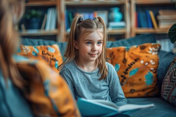 A young girl is sitting on a couch with a book in her lap. She is smiling and she is enjoying herself