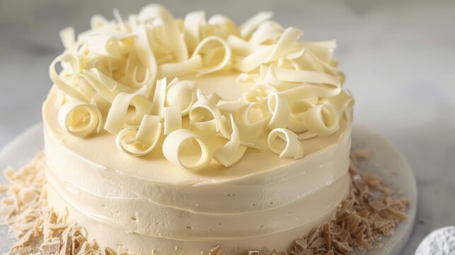sophisticated white truffle and vanilla cake with white chocolate curls on an ivory background, luxurious for elegant text
