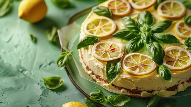 summer lemon basil cake with candied basil leaves on a soft mint green background, fresh and light for text