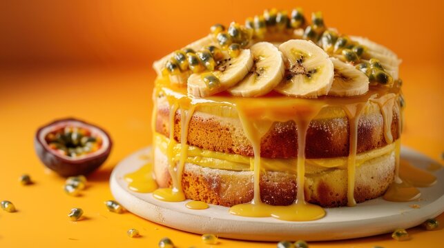 tropical banana and passionfruit cake with a passionfruit glaze on a vibrant orange background, refreshing and perfect for summery text