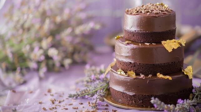 three-tiered chocolate cake adorned with edible gold leaf on a lavender background, perfect for text placement