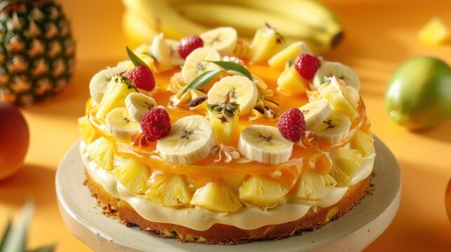 tropical banana and pineapple cake with fresh fruit topping on a sunny orange background, inviting and perfect for vibrant text